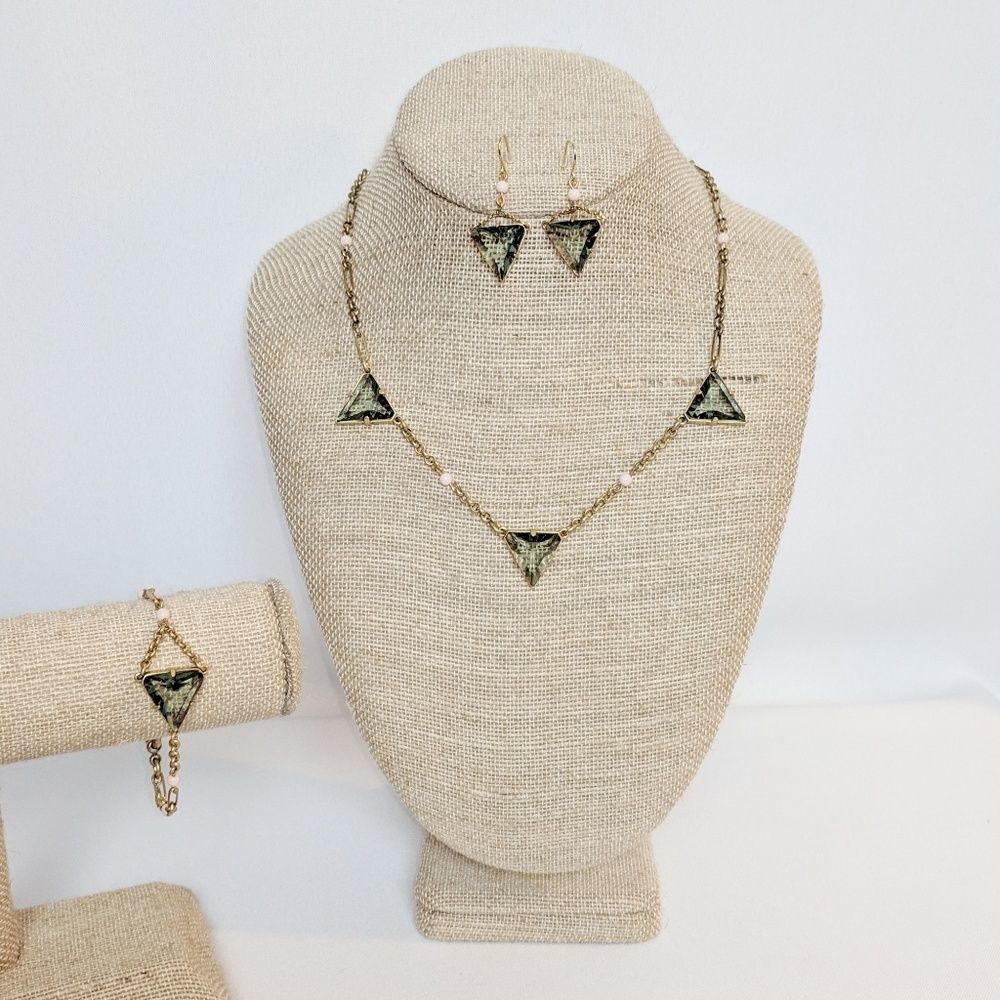 3 Pc. J. Crew Set of Mint Green Triangle Necklace Earrings Bracelet Gold Tone